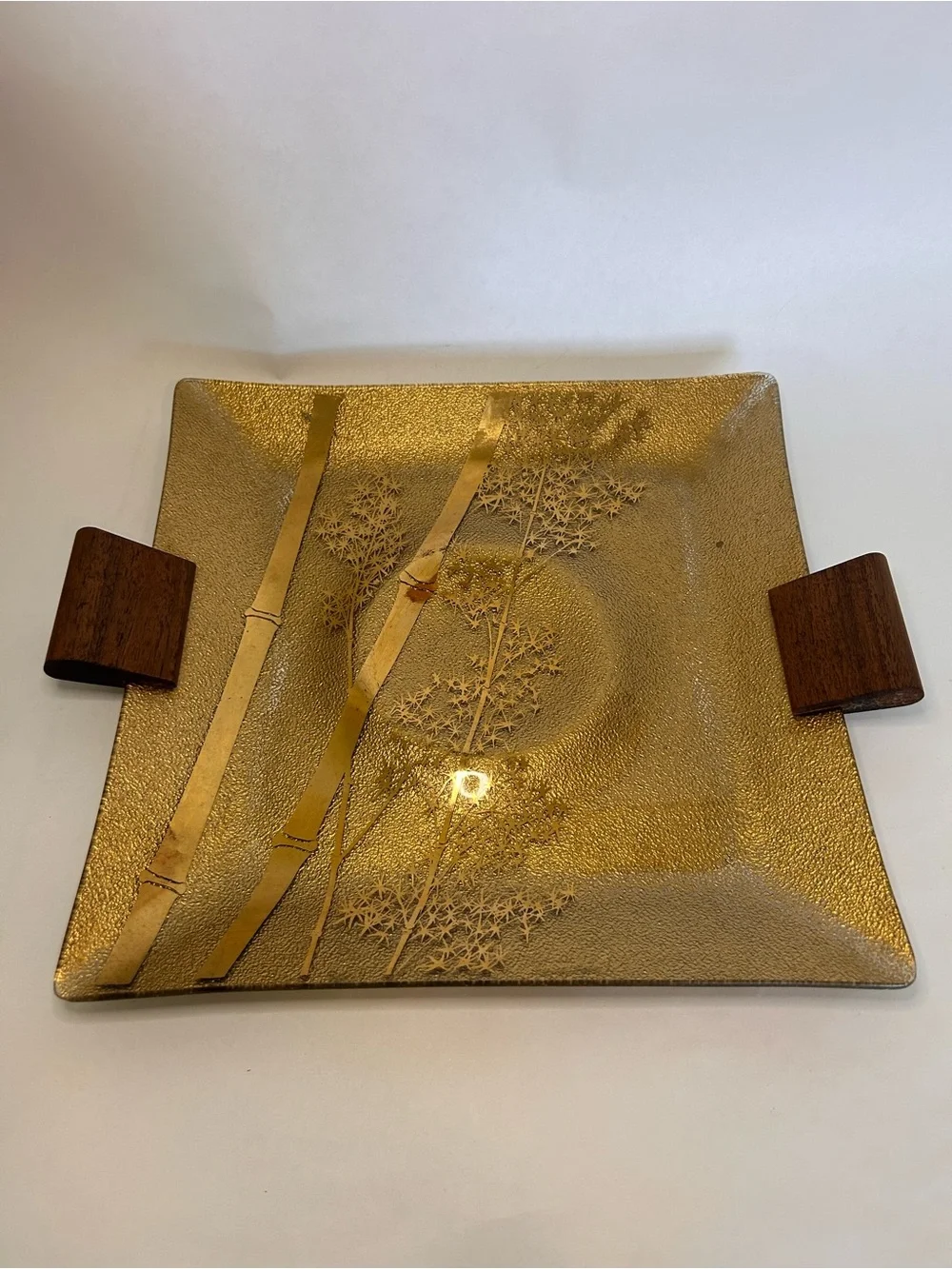 ERNEST SOHN COLLECTION MCM BAMBOO DESIGN GOLD & GLASS PLATE WOOD HANDLE TRAY VTG